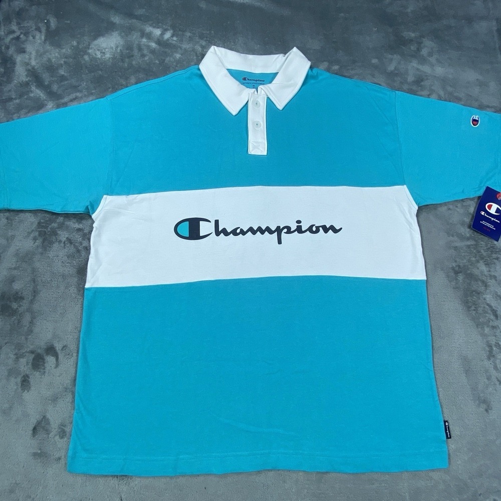 Champion Polo Shirt Mens Medium Blue Short Sleeve Knit Colorblock Stripe Comfort